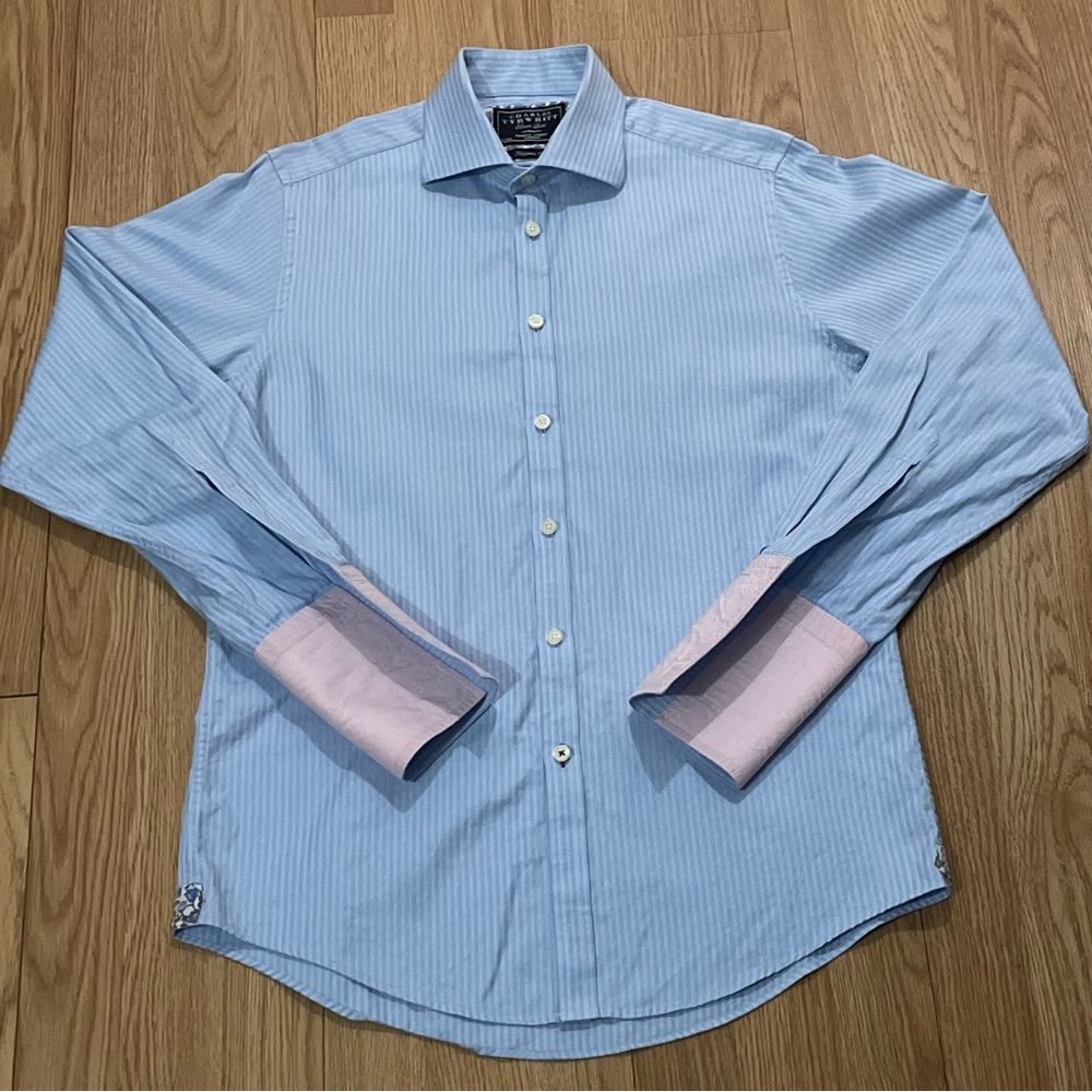 Charles Tyrwhitt Mens 15x33 Long Sleeve Button Up Shirt Blue French Cuffs Floral